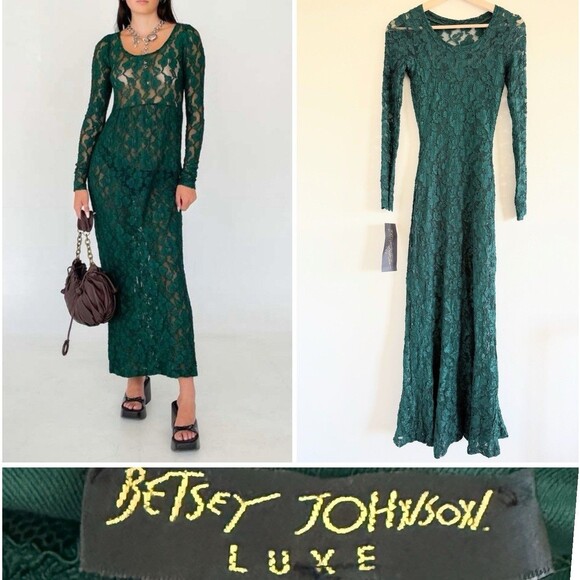 Vtg 90s Y2K Betsey Johnson Princess Green Lace Maxi Dress Goth Victorian XSmall
